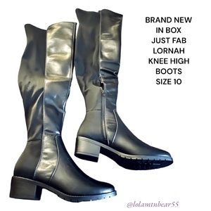 BRAND NEW JUST FAB KNEE HIGH BLK BOOTS-SOFT SILKY/STRETCH BACK & FLAT HEEL-SZ 10